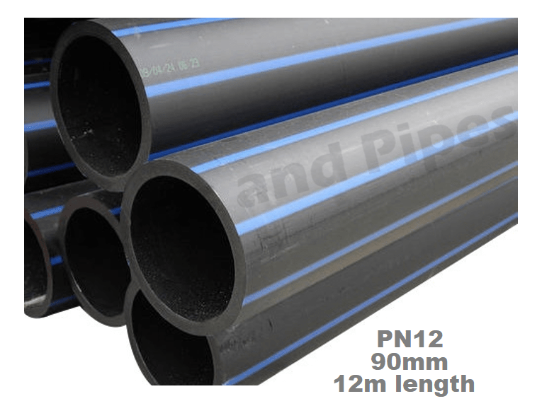 HDPE Poly Pipe 90mm SDR13.6 PN12 Blue Line 12m Length Pumps and Pipes